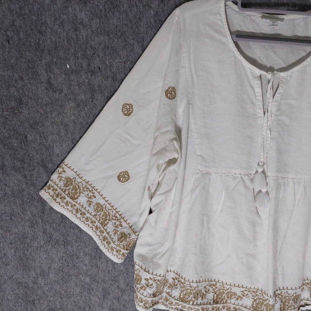 J. Jill Linen Embroidered Peasant Top XL Petite White Boho Festival Tassel Tie - Picture 2 of 8